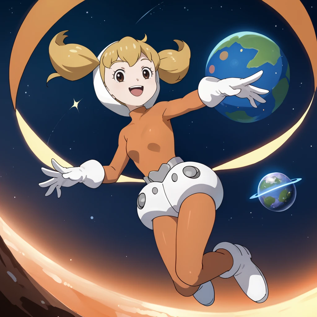 score_9, score_8_up, score_7_up, 1girl, solo, uncensored,  kaibaneiro,  smile, open mouth, flying, looking at viewer,  blonde hair, brown eyes, white hood, orange bodysuit, white gloves, white footwear, outdoors, abstract background, space, stars, planets   <lora:KaibaNeiroXL_v1.0:1>