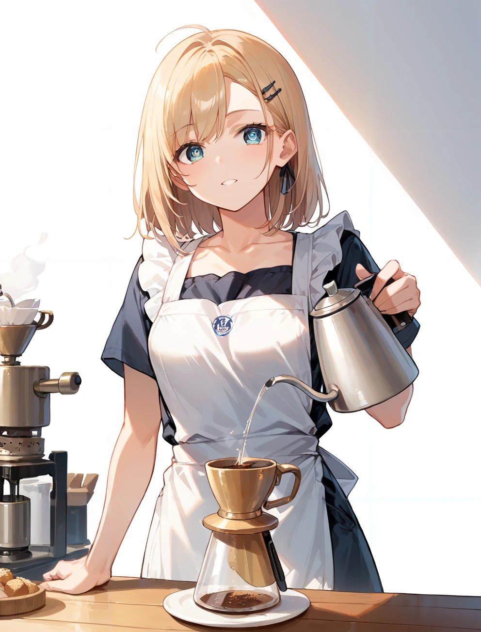 score_9, score_8_up, score_7_up,source_anime, high res image,masterpiece,best quality,(girl:1),cute face,clear skin,shiny hair,ultra detailed eyes,simple background  , <lora:drip coffee_pony_V1.0:0.7>1girl, drip coffee, pouring, kettle, coffee pot,holding, apron