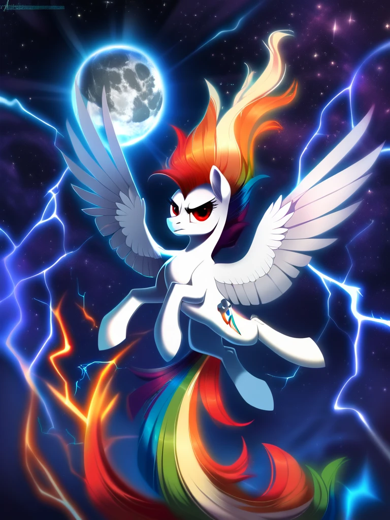 score_9, score_8_up, score_7_up, score_6_up, score_5_up, score_4_up, source_pony, feral pony, Super_Rainbow_Dash, white fur, glowing, ki, ultra instinct, electricity, aura, flying, space, star \(sky\), moon, detailed background, detailed face, detailed eyes, <lora:superdash-v1:1>