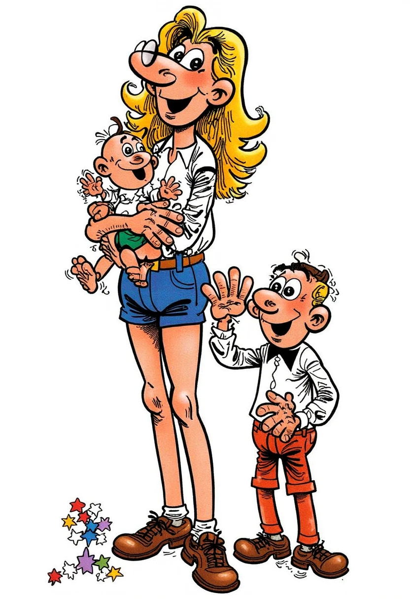 cartoonish drawing of a mort4d3lo style woman blond and tall, with a baby and a toddler by her side. Smiling