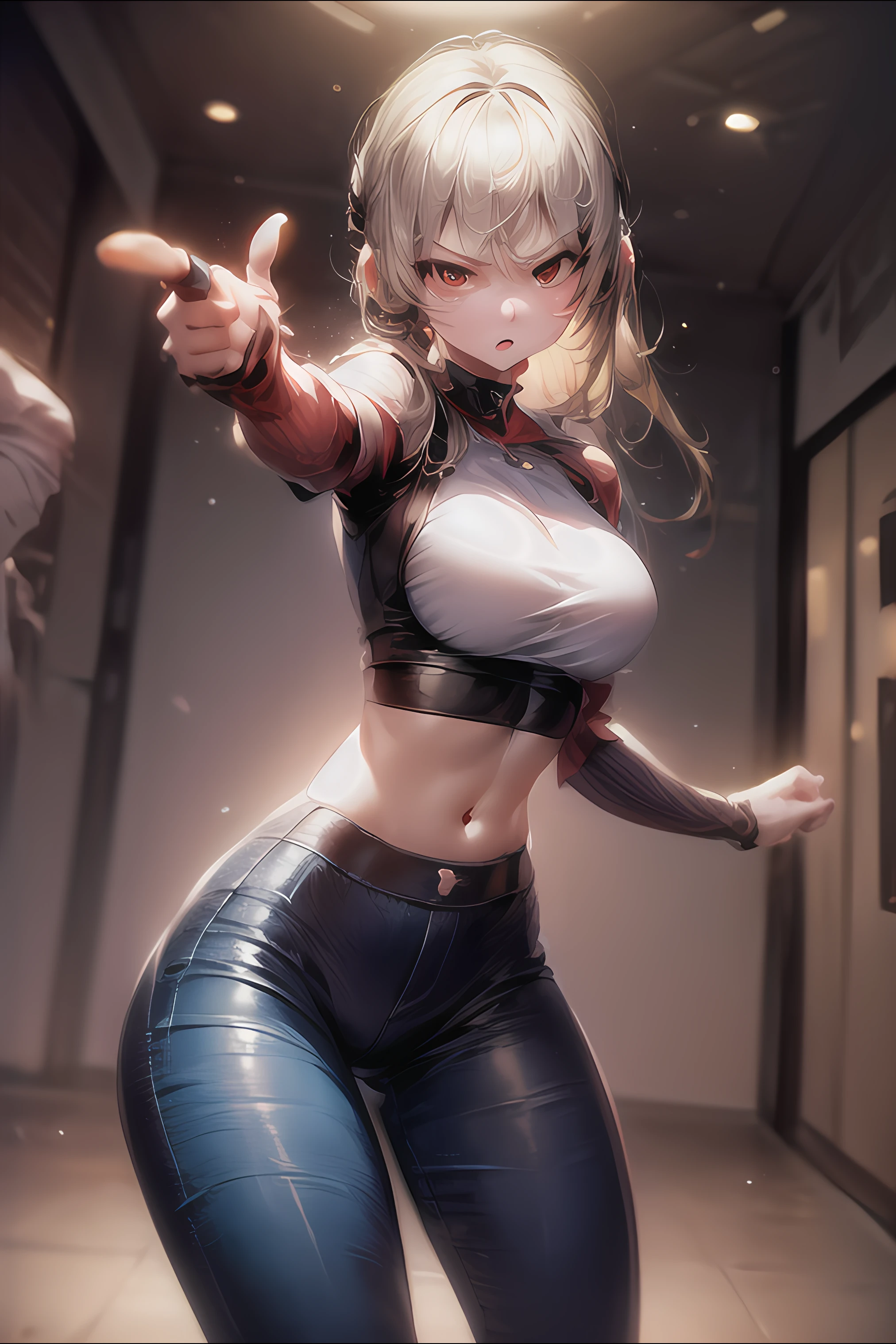 (masterpiece), high quality, cinematic lightning, 1girl, (crop top), (pants), long hair, solo, finger gun, focus on hand, pointing forward, expressive, (angry), standing, indoor background, celling, wall, <lora:Pointing_Forward_Finger_Gun_for_SD_model__pose-000009:0.85> <lora:add_detail:1>