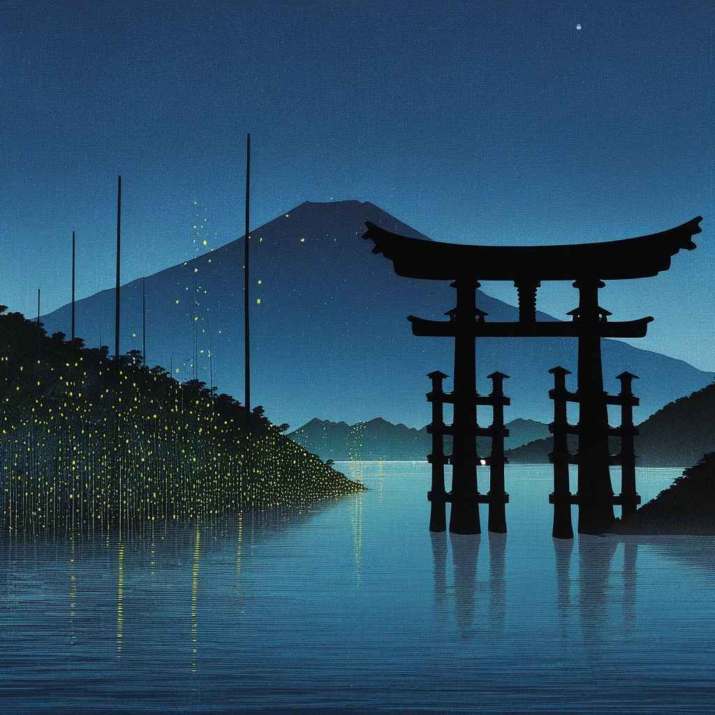 reflection, kohoshoda, star (sky), fireflies, torii, east asian architecture, utility pole, border, watercraft, mountain