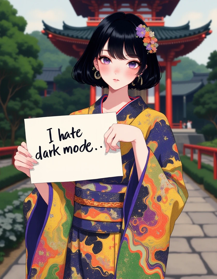<lora:Ink_Marbling_Portraits (1):1> FFAIM, A japanese woman with black hair wearing a colorful kimono, temple garden background, she is holding a sign that says "I hate dark mode"