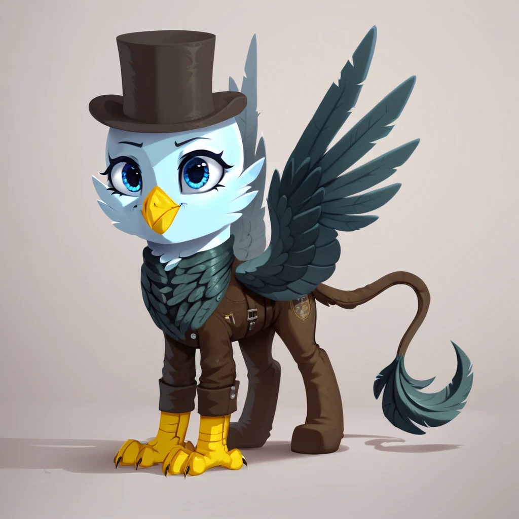 masterpiece, score_9_up, score_8_up, score_7_up, score_6_up, (best quality:1.1), ultra-detailed, high resolution, solo, Genevieve Guildedwing, griffon, griffon oc, mlp, avian, feral, female, thin eyebrows, blue eyes, long eyelashes, yellow beak, smile, bright feathers, feathery ears, wings, tail, top hat, monocle, cute, full body, expressiveh, simple background, highly visible, sharp focus, anatomically correct