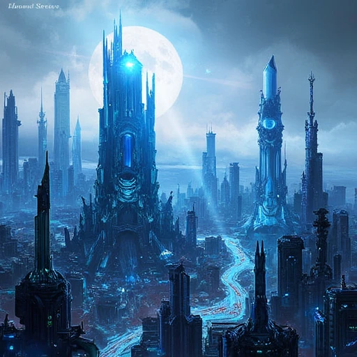 a sci-fi cityscape with blue accents by AmeshinINK