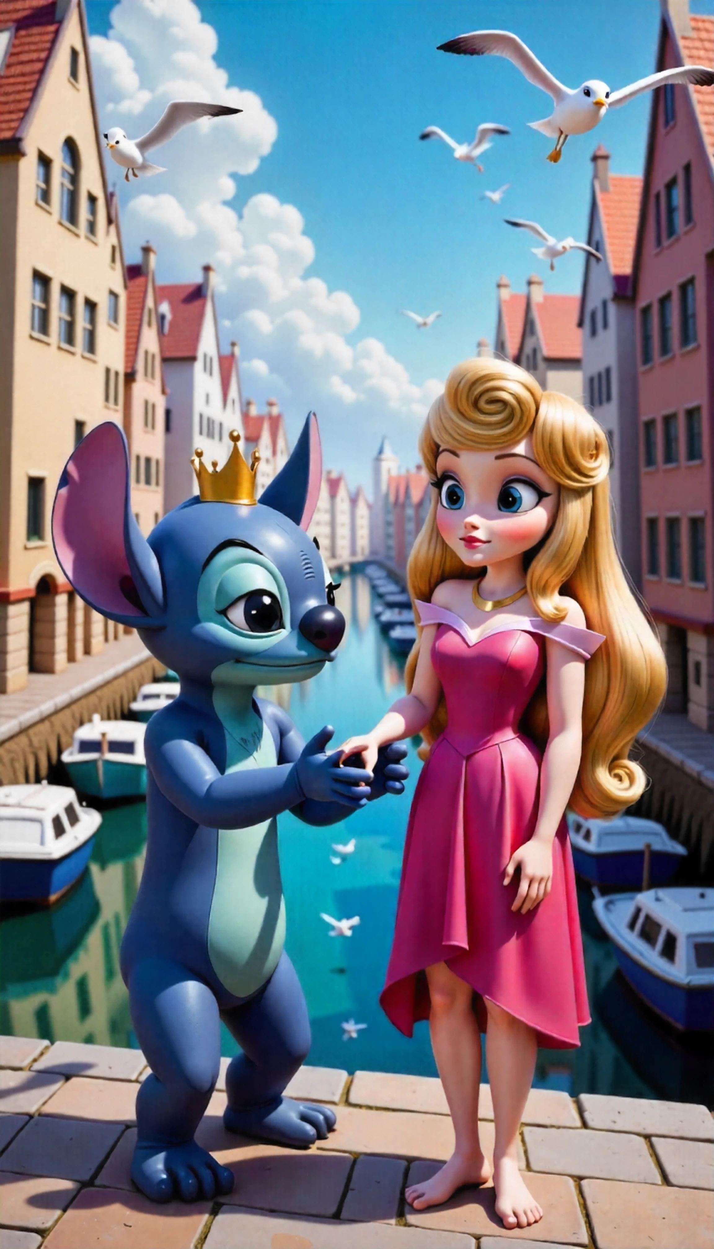 a surrealist painting style with dreamlike compositions, impossible perspectives, and unexpected object combinations,, characters are cliche and recognizable ,BREAK,  ,  Stitch from Lilo & Stitch (Disney), blue alien, six-limbed, mischievous,   and  the princess woman Aurora with blonde hair, blue eyes, a pink dress,  , one  is sharing a raincoat with   the other, ,on a busy harbor with docked boats and seagulls