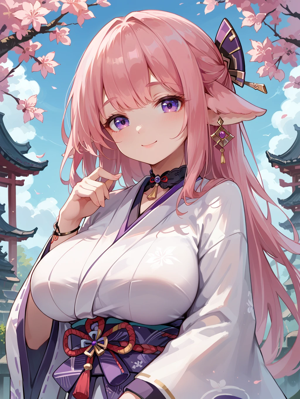 score_9, score_8_up, score_7_up,source_anime, upper body, 
1girl, breasts, purple eyes, solo, pink hair, smile, looking at viewer, long hair, large breasts, wide sleeves, jewelry, floppy ears, japanese clothes, 
 <lora:style003:0.5>