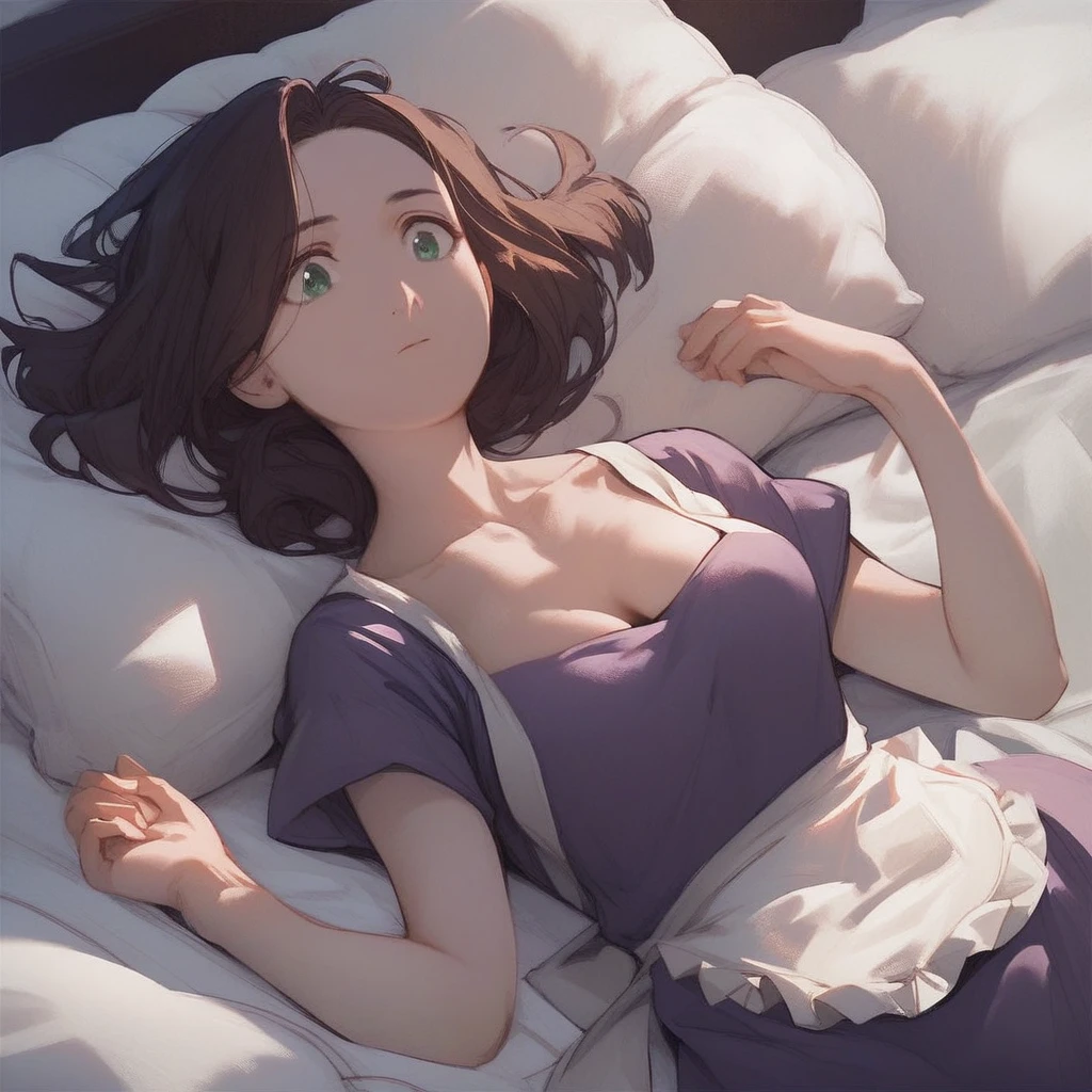 trishaelric, 1girl, score_9, score_8_up, score_7_up, brown hair, Green eyes, purple dress, white apron, medium breasts, cleavage, collarbone, pillow, lying, on back, bed