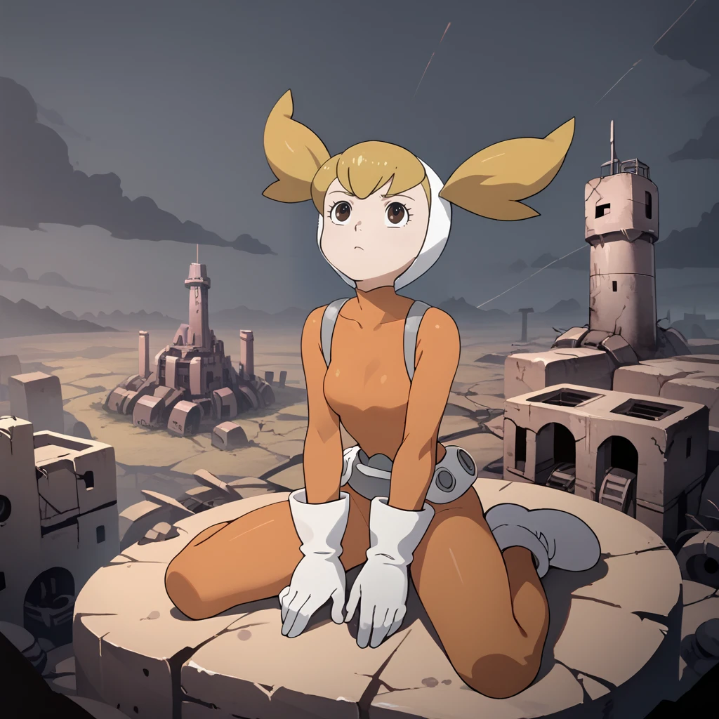 score_9, score_8_up, score_7_up, 1girl, solo, uncensored,  kaibaneiro,  serious, sitting, looking up, blonde hair, brown eyes, white hood, orange bodysuit, white gloves, white footwear, outdoors, abstract background, wasteland, ruins, tower, purple clouds, dark clouds, dark sky,   <lora:KaibaNeiroXL_v1.0:1>