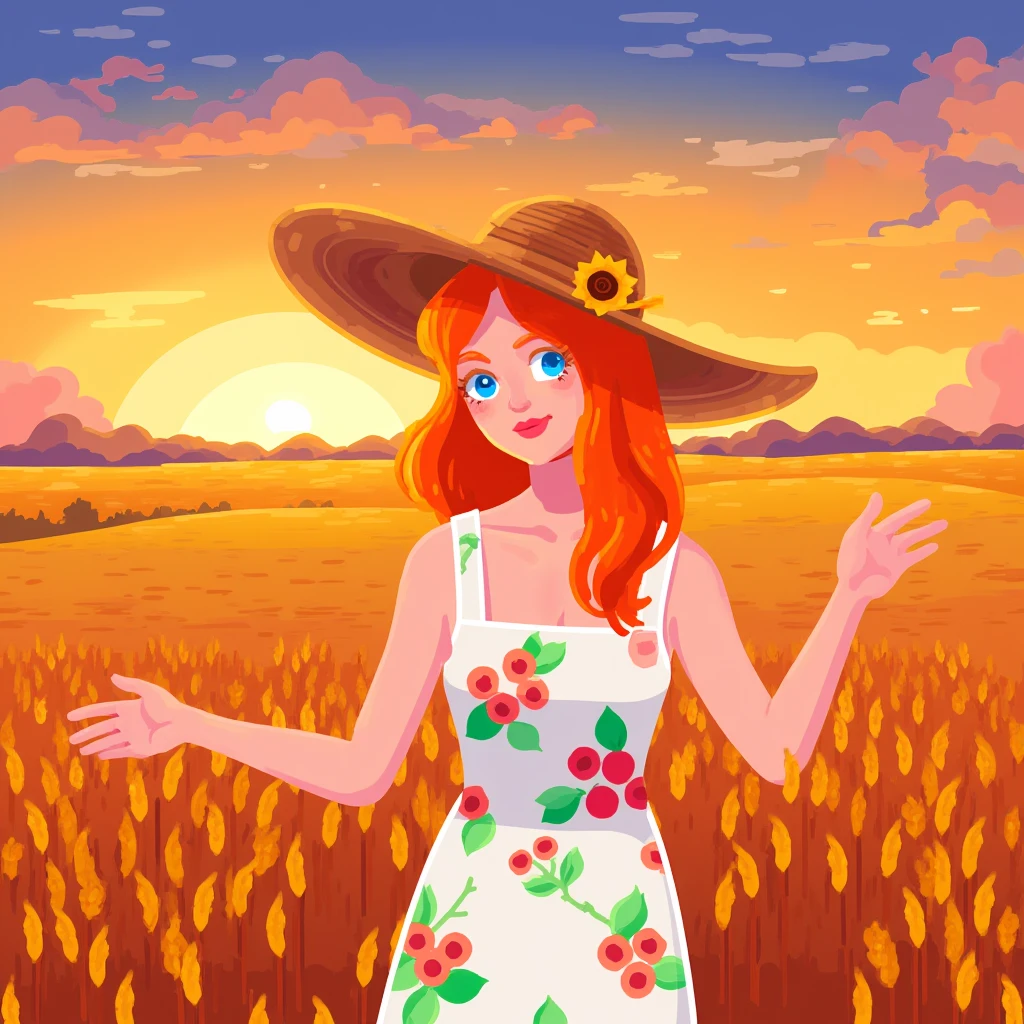 Kurzgesagt style, vector graphics illustration of a woman with blue eyes and with strawberry blonde hair wearing a white summer dress with red and green flower patterns on it. She is also is wearing a straw-hat with a sunflower pattern on it. She is standing in a field of barley as the sun sets behind her in majestic colors. The scene is serene and beautiful. , <lora:Kurzgesagt_style_vector_graphics_FLUX_v1_r1-000031:1>