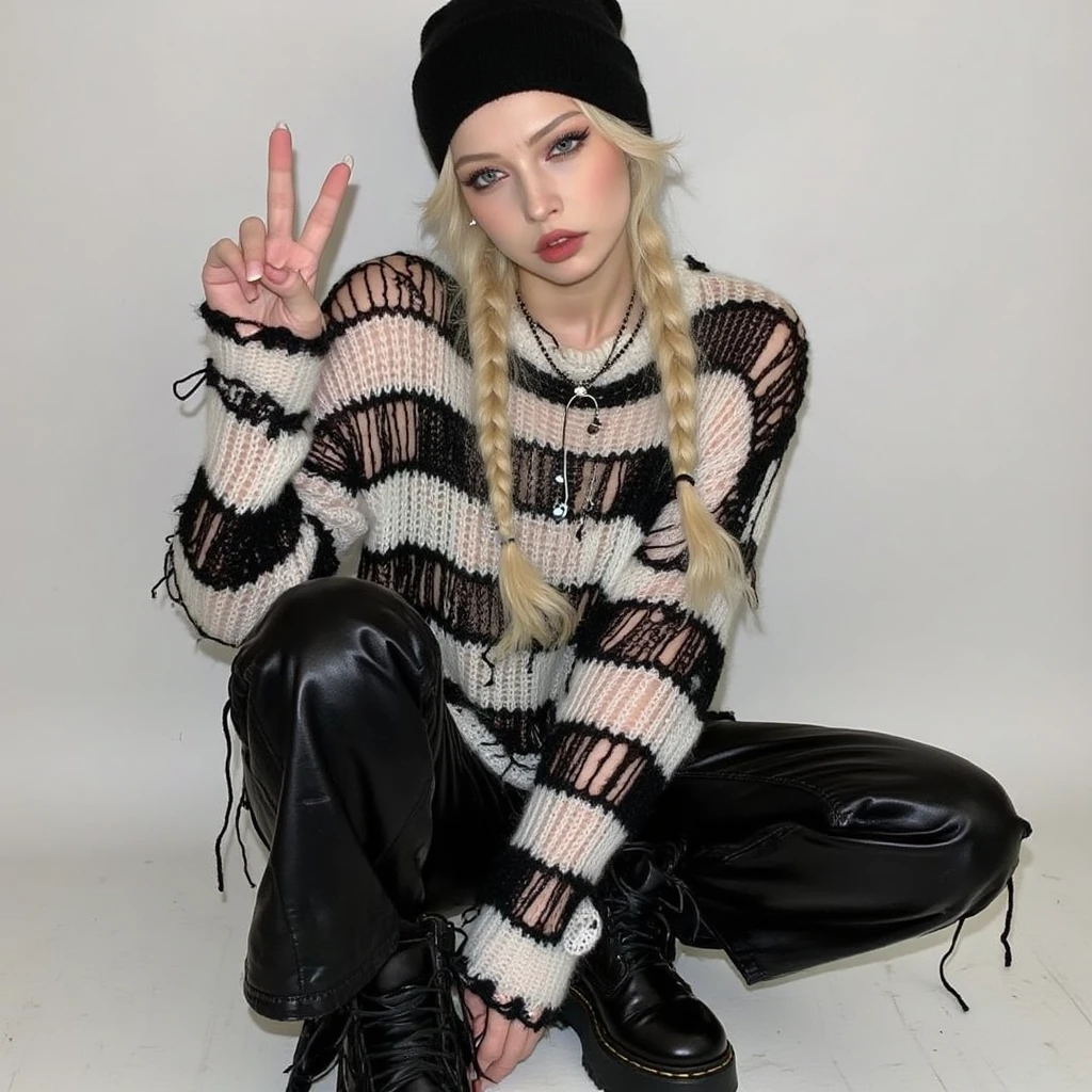 Aesthetic, dynamic pose, 1girl, solo, young woman with long platinum blonde hair styled in two neat braids. She is wearing a loose, oversized knit sweater with black and white horizontal stripes, the fabric appearing distressed with torn sections on the sleeves and body. She pairs the sweater with black, shiny leather pants that fit snugly around her legs, and chunky black boots. She is sitting in a crouched position, one hand raised in front of her face in a peace sign, her expression calm and serious. Her makeup is sharp, with bold eyeliner accentuating her eyes, and her lips are painted a muted rose color. She wears a black beanie, adding to the edgy, streetwear-inspired look. The background is simple and neutral, focusing attention on her stylish and somewhat rebellious aesthetic.