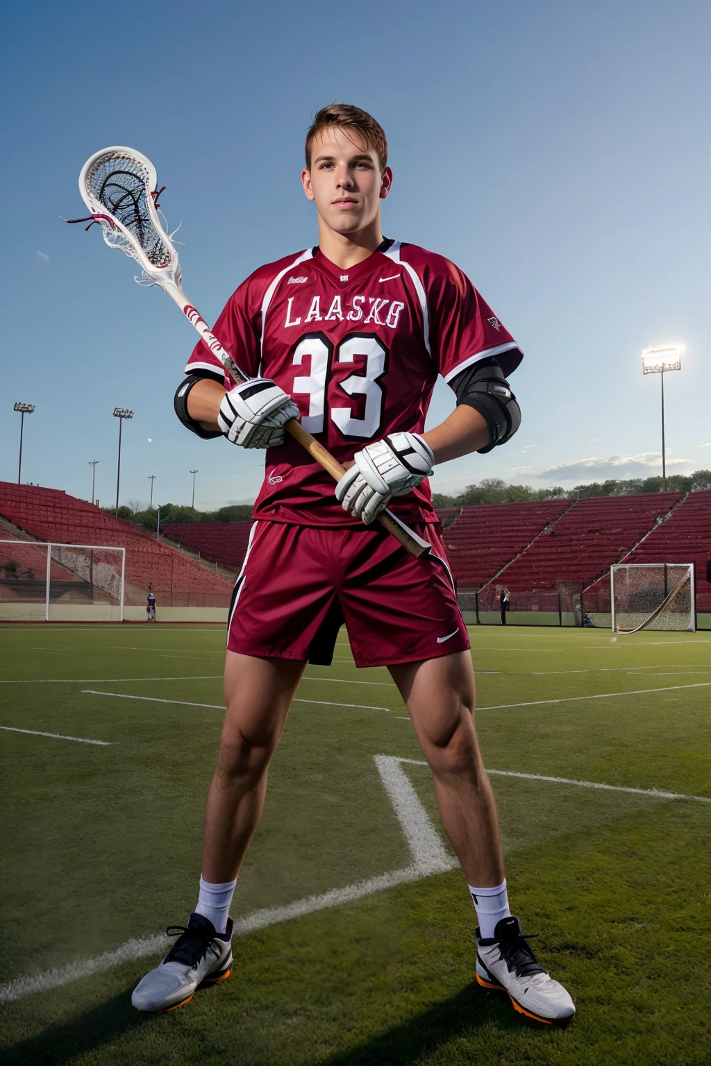 athletic field, ((lacrosse field)), ShaneCook is a lacrosse player wearing a red (lacrosse uniform), holding lacrosse stick, (((full body portrait))), wide angle <lora:ShaneCook:0.8>