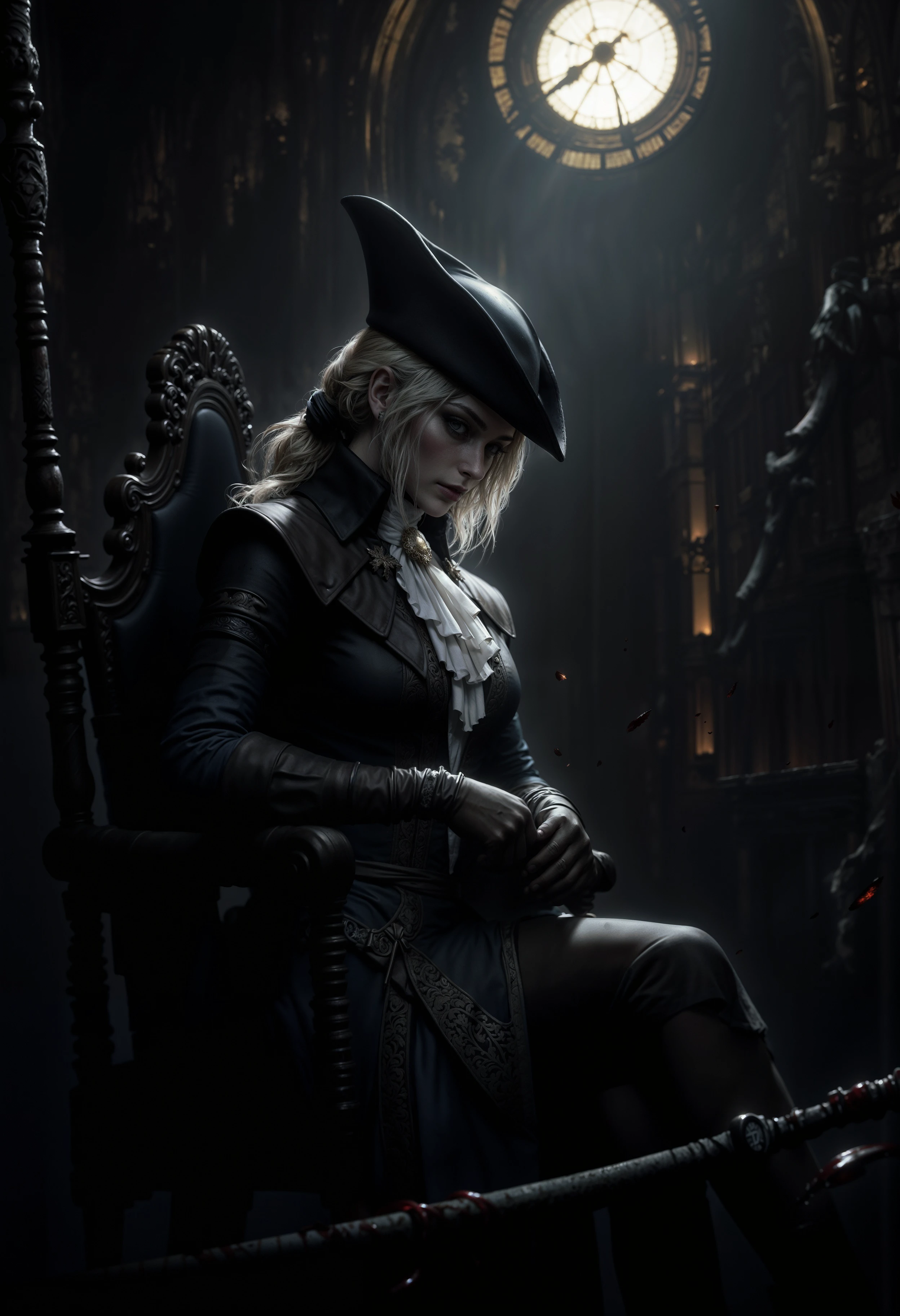 A haunting scene of Lady Maria seated solemnly in a dimly lit chamber atop the Astral Clocktower, her figure both elegant and menacing. Dressed in her iconic black Victorian hunter’s garb, her pale face is framed by strands of silvery hair escaping from beneath her wide-brimmed hat. Her eyes, once filled with warmth, now burn with cold resolve, glowing faintly with a sorrowful, ghostly light as they reflect the weight of her cursed existence. Blood stains her pristine gloves and her slender hands rest lightly on the hilt of her twin blades, Rakuyo, which lie across her lap. The dim light from the towering clock casts long shadows across the room, and the distant sound of ticking fills the air, amplifying the eerie, tragic atmosphere. Scarlet blood droplets hang in the air like suspended memories, as if time itself has slowed to honor her grim vigil. The scene radiates with quiet power, capturing the sorrow and strength of a warrior bound by fate and blood.  <lora:FluxLadyMaria:1> <lora:FluxMythP0rtr4itStyle:0.7>  <lora:aidmaHyperrealism:0.5> aidmaHyperrealism