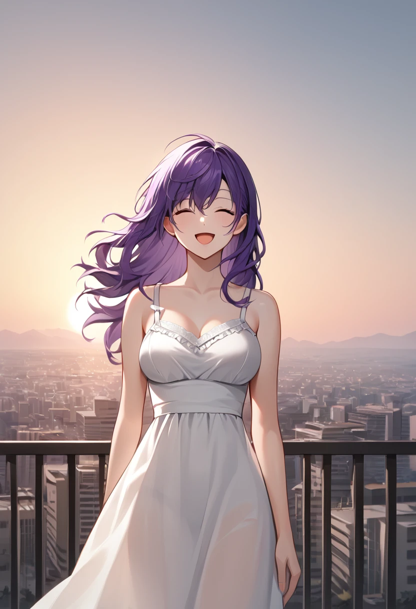 asahina_mafuyu, purple hair, long hair, loose hair,straight hair, closed eyes,medium breasts, sundress
BREAK
outdoors, sunset, city background
BREAK
cowboy shot,  standing, open mouth, happy face, smile
BREAK
best quality, masterpiece,score_9, score_8_up, score_7_up, perfect hand, , source_anime, zPDXL,  <lora:Asahina_Mafuyu:0.8>,