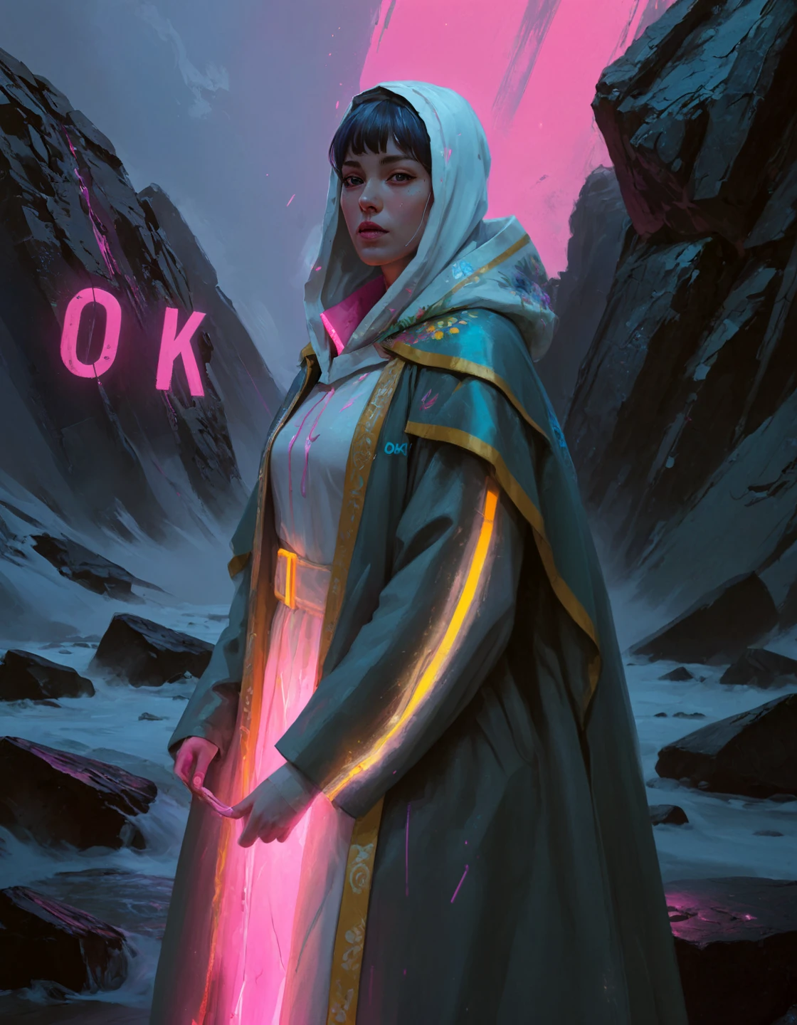 vmos, woman, white hood, gold green floral shoal, grey robe with glowing pink line down the arm and glowing pink light coming out from inside of her robe, bangs, 3D letters that say the word "OK" pink blue purple, dark rocks, blue purple grey pink landscape