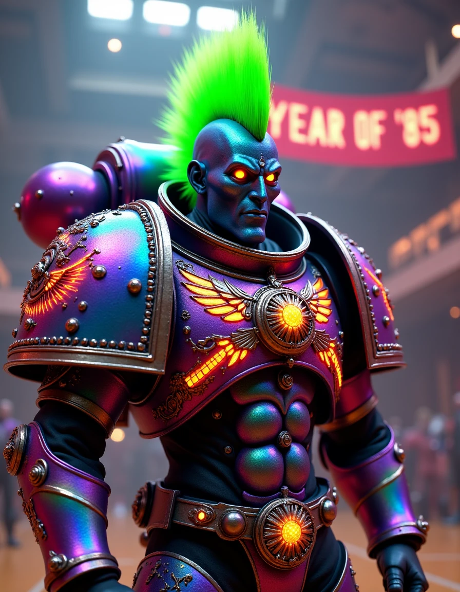 Imagine a vivid, explicit and uncensored photorealistic high-definition 8k professional image featuring a Noise Marine in Space Marine Power Armor with neon green faux hawk, his kaleidoscopic iridescent rainbow armor is covered in elaborate glowing symbols and glitter, he is standing in a gym hall in front of a microphone, a banner hangs over his head reading "YEAR OF '85"