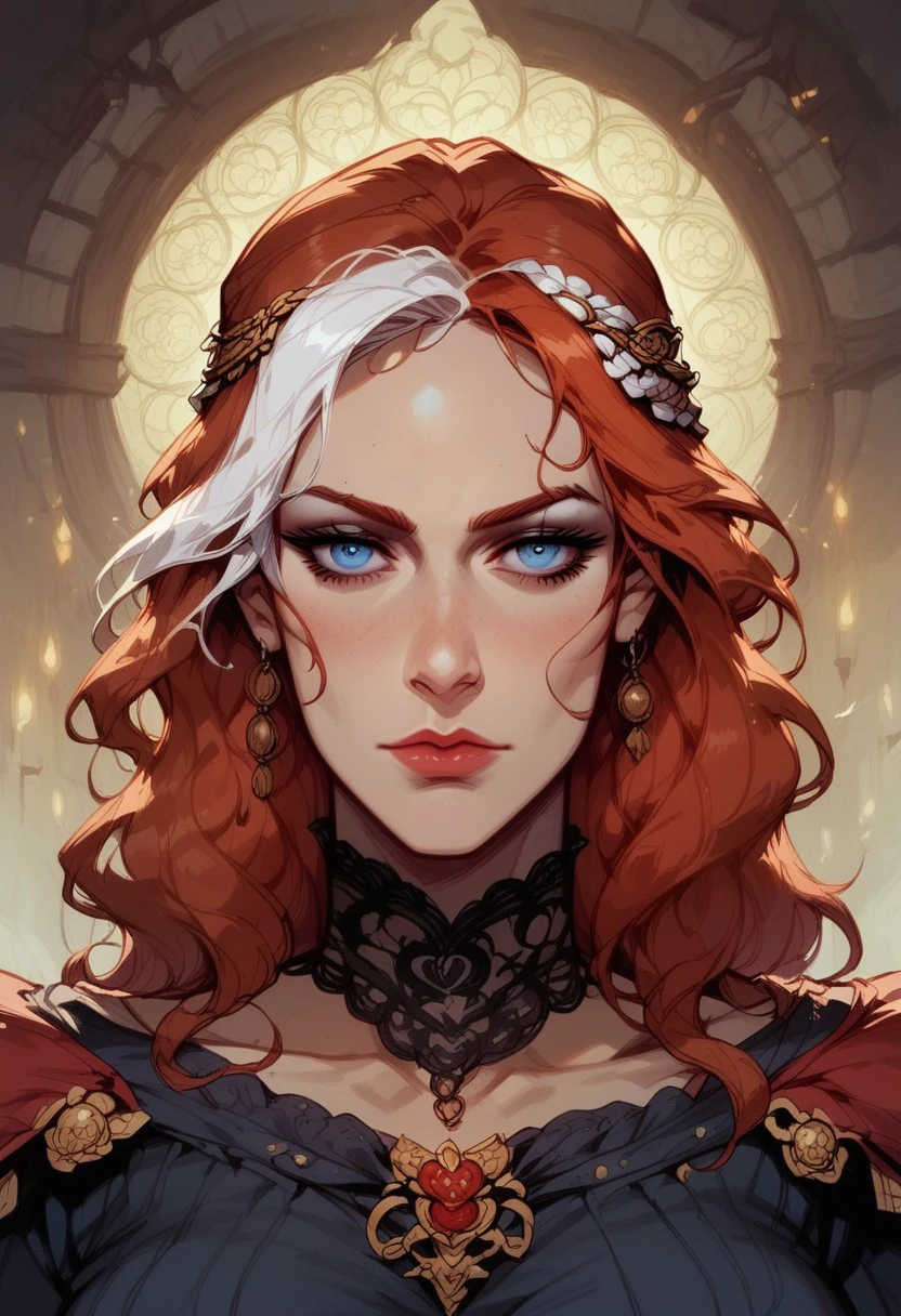 score_9, score_8_up, score_7_up, BREAK, 1woman portrait, beautiful, dramatic lights ((Loshe. Loshe Divinity Original Sin 2. LosheDOS2. mulitcolored hair. redandwhitehair. white highlights, blue eyes))