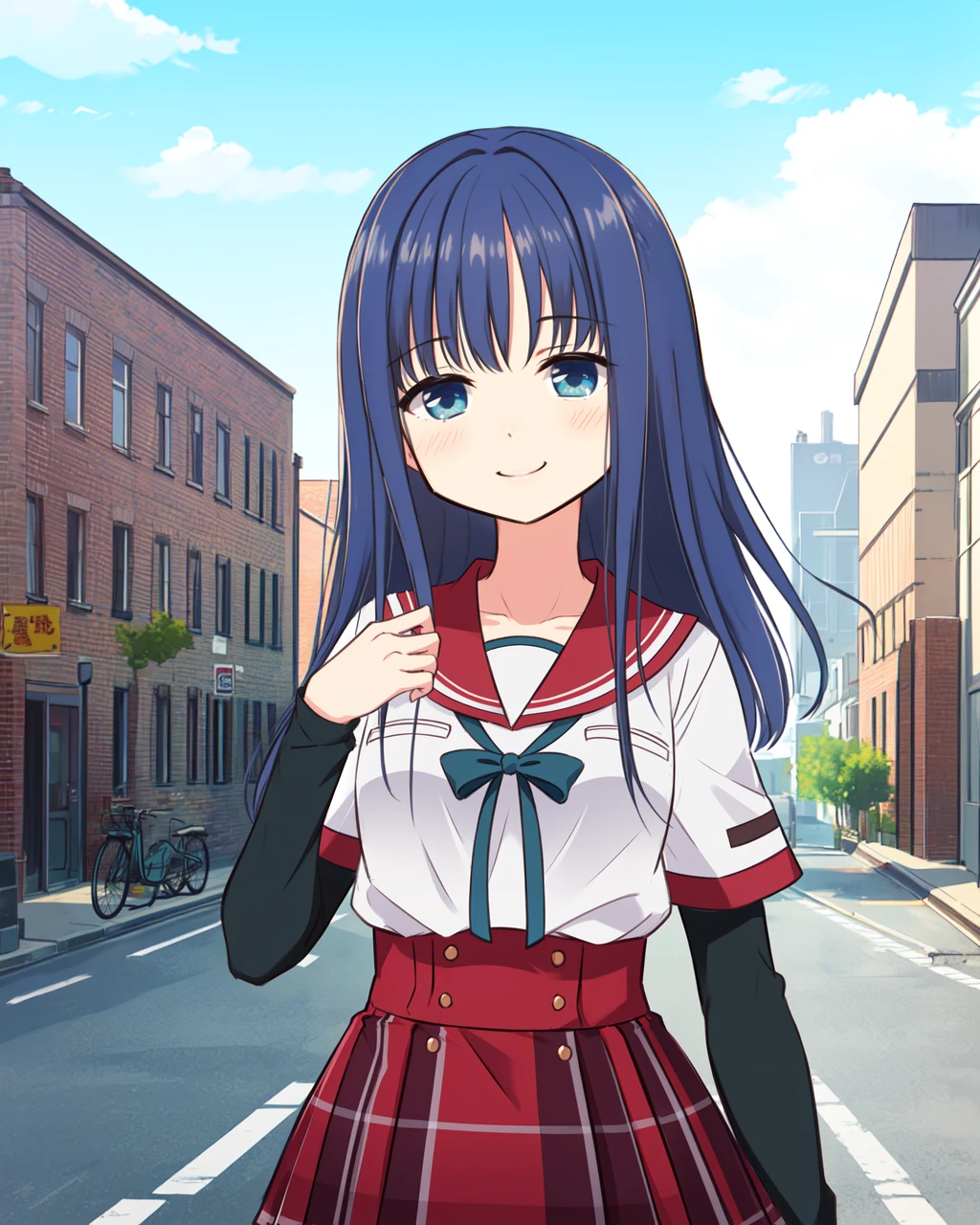 masterpiece, high quality, mgrcyachioutfits, 1girl, blue hair, blue eyes, upper body, medium shot, dynamic pose, white with red shirt, long black sleeves, blue bowtie, red striped skirt, hand in hair, light smile, outdoors, city, street, evening, (side view:0.8). <lora:mgrcyachioutfits:0.8>