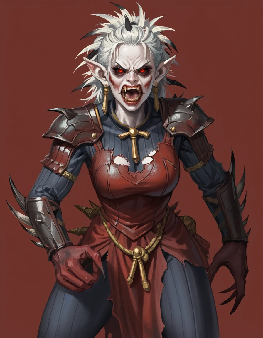 score_9, score_8_up, score_7_up, 2d, cartoon, source_cartoon, red background, waist up,
StrigoiGhoulKing, fangs, pointy ears, claws, <lora:StrigoiGhoulKing_PonyXL:0.75>,
mature woman, red eyes, black sclera, glowing eyes, solo,
looking at viewer, pale skin, white hair, messy hair, broken armor,  angry, savage, open mouth, attacking, expressive, dynamic, bloody,
<lora:LahmianVampire:0.6>