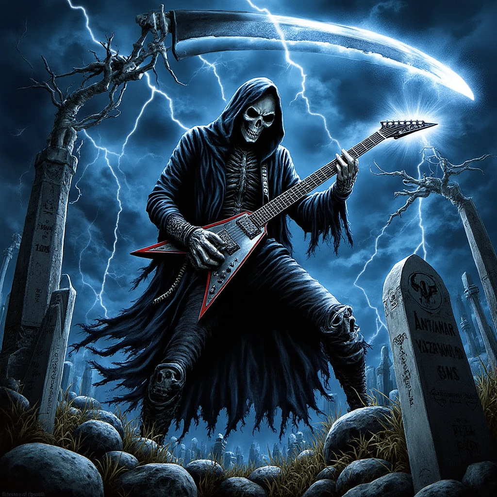 sk11ll, an rock or metal album cover heavy stylized of the grim reaper in a graveyard playing electric guitar while lots of lightning falls around him and at his guitar