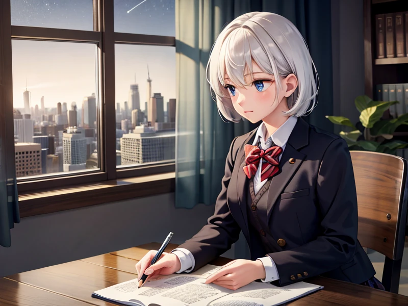 indoors,night,scenery,window,1girl,chair,solo,sitting,jacket,book,skirt,shirt,black jacket,holding,long sleeves,white shirt,potted plant,bow,lamp,blue eyes,plant,red bow,bookshelf,collared shirt,bangs,black skirt,short hair,blazer,on chair,sky,night sky,bowtie,star (sky),closed mouth,white hair,red bowtie,feet out of frame,desk,blush,paper,from side,starry sky,photo (object),open book,breasts,picture (object),school uniform,table,reading,looking away,city,office chair,building,cityscape,holding book,wooden floor,sidelocks,medium hair,shooting star,cup,open jacket,pen,picture frame,cloud,wing collar,, (masterpiece,best quality:1.4),unparalleled masterpiece,finely detail,incredibly absurdres,perfect artwork,highres,hdr,8k,cg,perfect anatomy,(ultra realistic 8k cg,semi realistic,unity game cg:1.2),extremely detailed unity 8k cg wallpaper,natural lighting,cinematic lighting,BREAK,