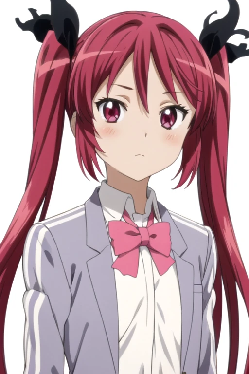 solo, 1girl, looking at viewer, 2D, anime, official style, anime coloring, anime screencap, upper body, (simple background, solid white background:1.3), <lora:cthuko-nyaruko:0.8>, cthuko, blush, twintails, hair ribbon, school uniform, closed mouth