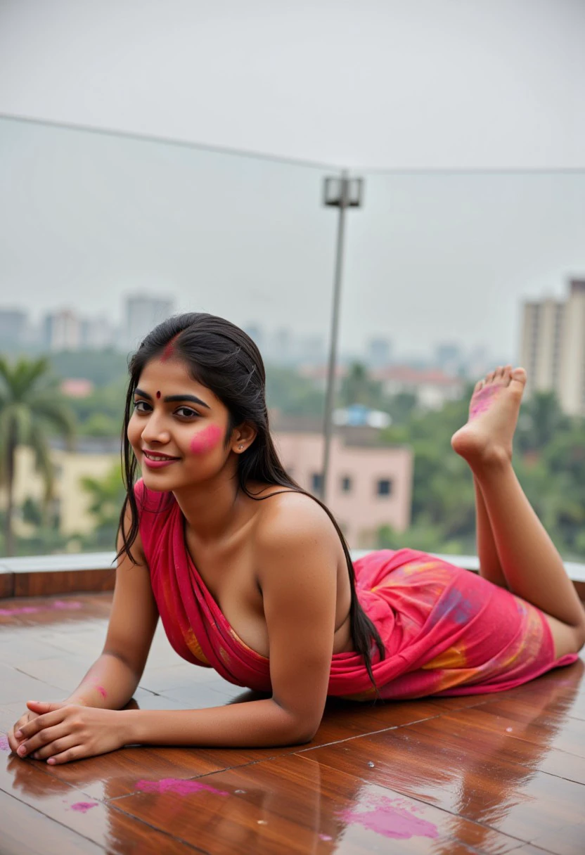 A high-resolution photograph of a 20 year old Bengali female lying on her stomach on a polished wooden floor on a rooftop after the Holi festival during rain. She has a medium-dark skin tone and long, straight black hair that cascades down her back. Her physique is slender with a petite build and she is topless, her breasts visible from the side as she lies on her side, She is wearing a Wet blouseless, braless Saree, her wet skin and wet hair is covered with Multicolor Paint and Multicolor Powder, Fine_Wet_Woman, wet hair, wet skin, wet cloth, solo, barefoot, black hair, realistic, breasts, sideboob, lying, long hair, feet, on stomach, APW_Flux, Pleasant:BrownTone, Holi_Style_Flux, Multicolor Paint, Multicolor Powder