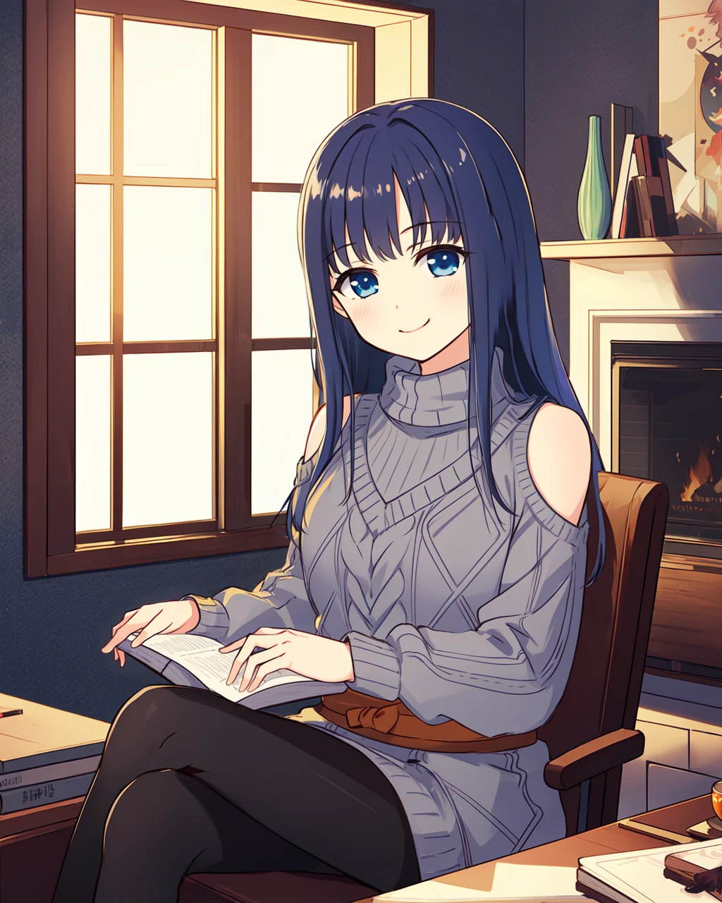 masterpiece, high quality, mgrcyachioutfits, 1girl, blue hair, blue eyes, upper body, medium shot, grey sweater, shoulder cutout, orange belt with bowtie, black tights, sitting, armchair, holding book, light smile, indoors, room, night, fireplace, window, snow, detailed hands, <lora:mgrcyachioutfits:0.8>