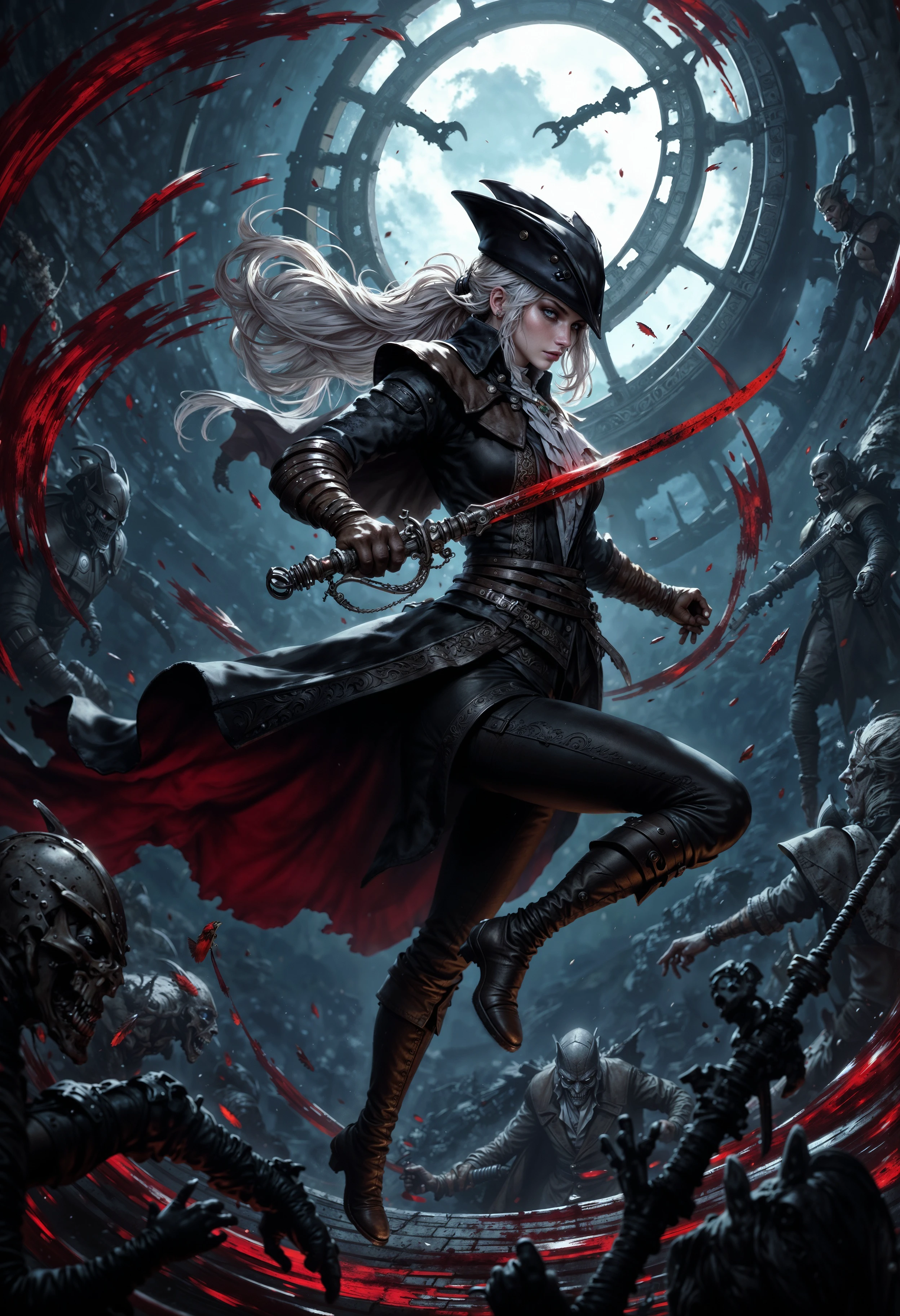 Lady Maria moves with deadly grace in the heart of battle, her twin blades, Rakuyo, gleaming as they slice through the air with lightning speed. She leaps from the center of the Astral Clocktower, her black coat billowing behind her, the wide brim of her hat casting a sharp shadow over her fierce, determined eyes. Blood sprays across the dimly lit room as her blades cut through her enemies, each movement precise and fluid, a masterful dance of death. Her silver hair, streaked with crimson, flows behind her like a banner, and her eyes, burning with cold fury, lock onto her next target. The massive gears of the clocktower turn slowly in the background, ticking ominously as if marking each deadly strike. Blood arcs in the air as her blades glow faintly with a supernatural light, reflecting the moonlight streaming in from the high windows. The entire scene pulses with the raw energy of combat, capturing the moment Maria unleashes her full, terrifying power. <lora:FluxLadyMaria:1> <lora:FluxMythP0rtr4itStyle:0.7>