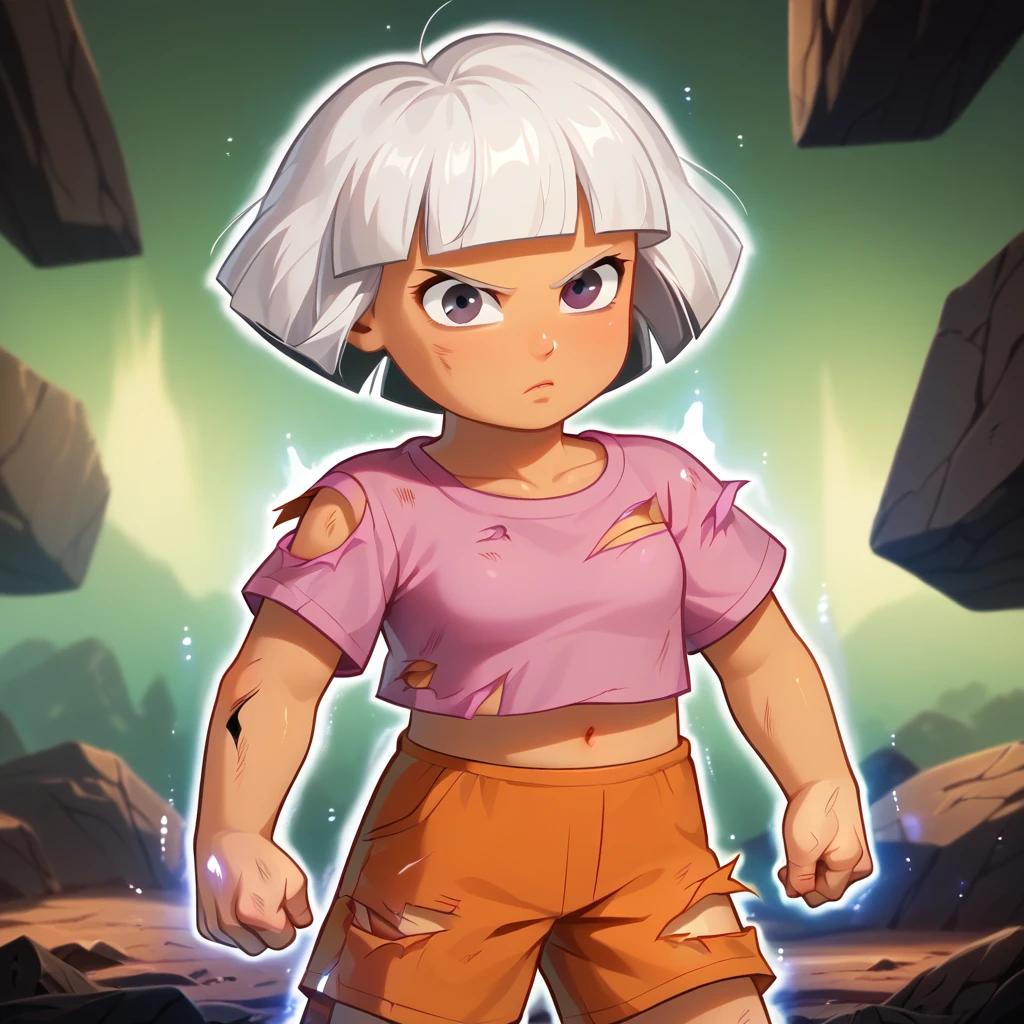 score_9_up, score_8_up, BREAK,  1girl, solo, Dora, short hair, white hair, grey eyes, tan, pink shirt, orange shorts, <lora:DoraTheExplorer_XL_Leaf3:0.8>, outdoors , cowboy shot, UltraInstInctAura, ultra instinct, aura, light particles, glowing hair, shiny skin, shiny clothes, torn clothes,    <lora:UltraInstinctAura_PXL_Leaf2:1>, debris, serious,