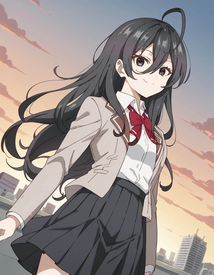 score_9, score_8_up, score_7_up, source_anime, <lora:ayano-kimishima-s1-ponyxl-lora-nochekaiser:1>, ayano kimishima, black hair, black eyes, ahoge, long hair, hair between eyes,, shirt, bow, school uniform, jacket, white shirt, collared shirt, bowtie, red bow, blazer, red bowtie, black skirt, pleated skirt,, rooftop, sunset, cityscape, quiet moment, wind blowing, contemplative, smile, looking at viewer, undefined, solo,, cowboy shot, dutch angle