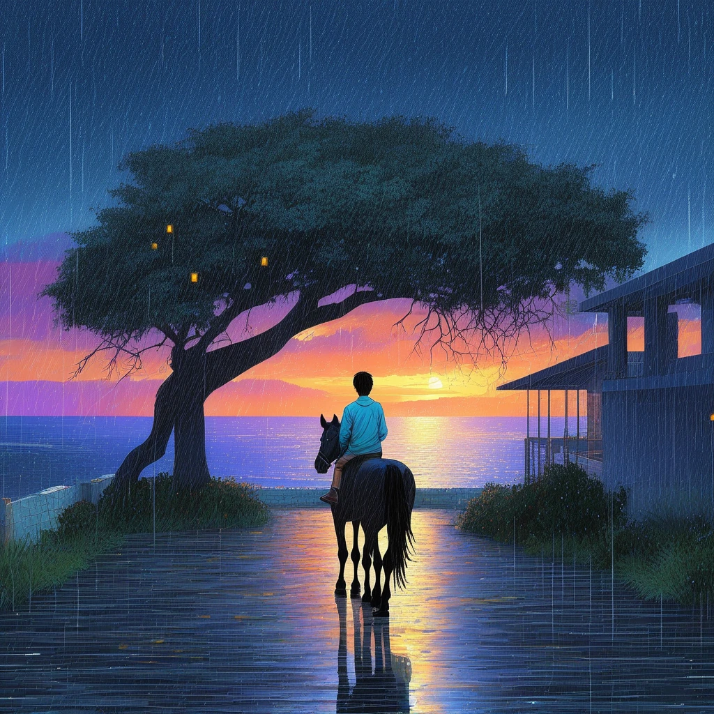 rain, architecture, night sky, horse, scenery, nature, 1boy, sunset, ocean, tree