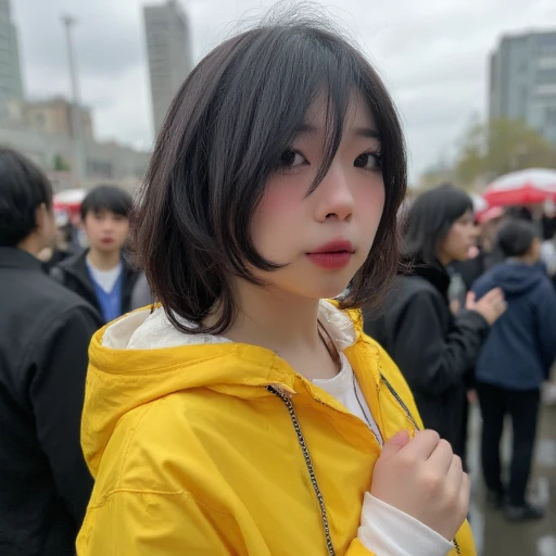 Anikaauwu, Asian, realistic, internet personality, lips, closed rain coat, crowded background, raining, black hair, outdoors, Neutral expression