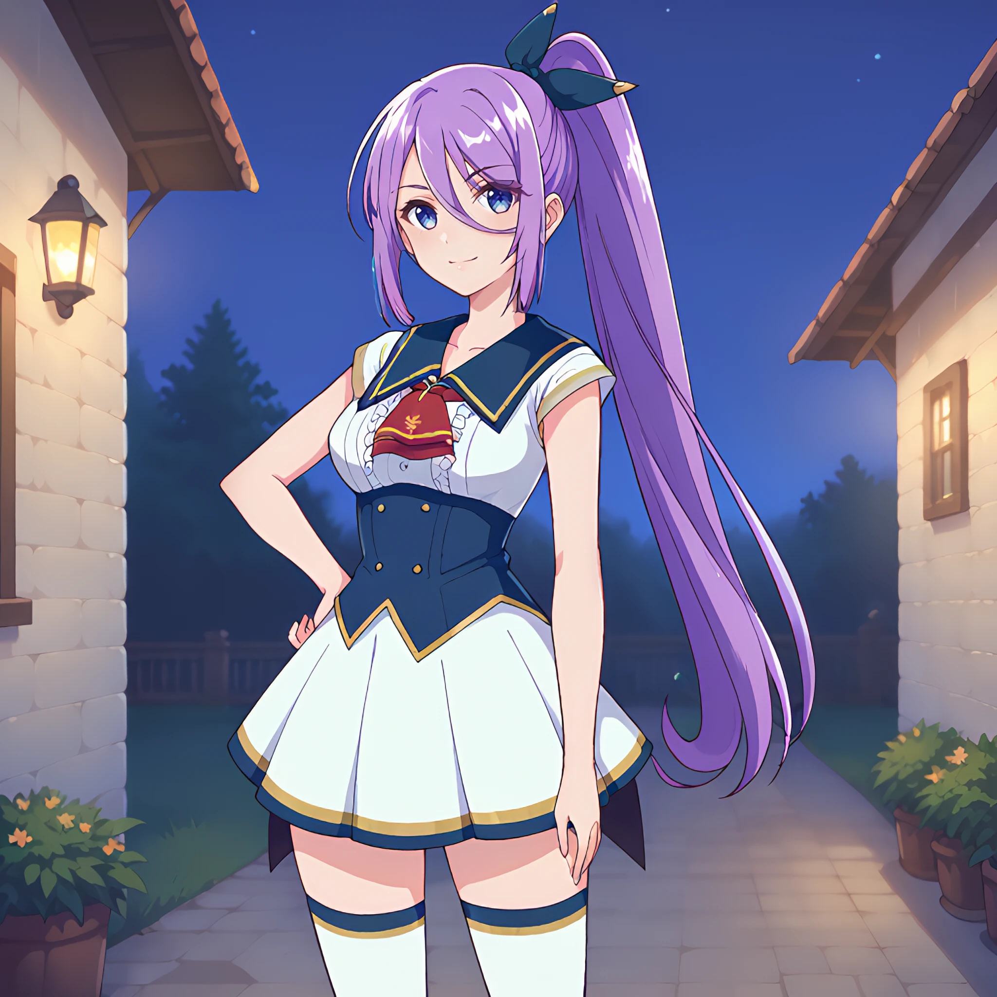 score_9, score_8, score_7_up,source_anime,medieval,outdoors,night,

1girl, jpashley2, high ponytail, solo, very long hair, tiarshc2 sailor collar, jpashley2 hair ribbon, tiarshc2 thighhighs, tiarshc2 corset, tiarshc2 skirt, looking at viewer, expressionless, standing, arms at sides, mary janes, hand on own hip,smile,shy,blush,