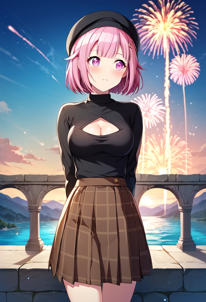 otori_emu, pink hair, short hair, pink eyes, official art, pink eyes, medium breasts, black sweetshirt, cleavage cutout, brown skirt, pleated skirt,  black beret, plaid skirt, BREAK outdoors, bridge, river, asymmetrical background, detailed background, dawn, fireworks BREAK  looking away, blush, deep blush,  embarassed, confession, front view, arms behind back BREAK score_9, score_8_up, score_7_up, source_anime ,zPDXL, perfect hand, <lora:Otori_Emu:0.8>