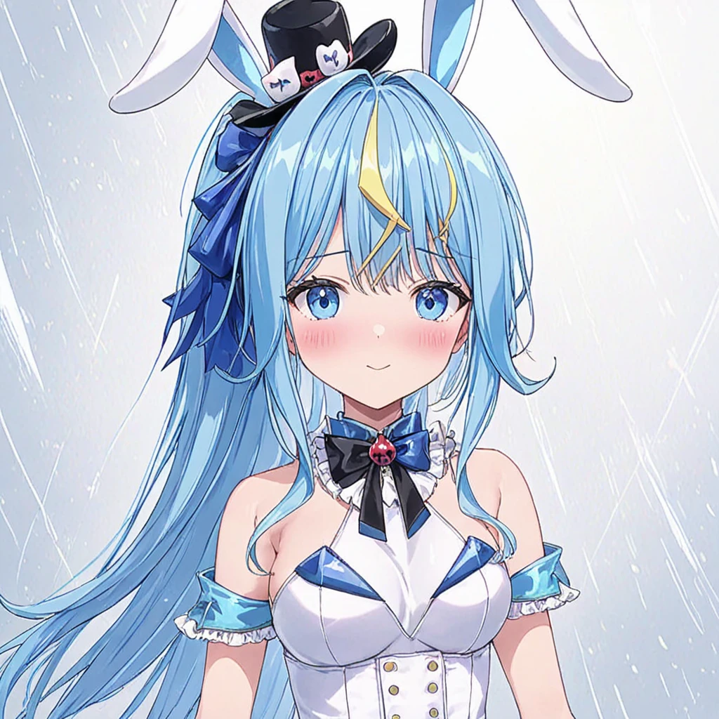 clara, blue eyes, blue hair, bangs, blush, multicolored hair, lightning bolt, long hair, solo,virtual youtuber, playboy bunny, ponytail, tiny black hat, hair bow,  eye focus, white dress,
 <lora:CLARA-XL-t6:0.6>