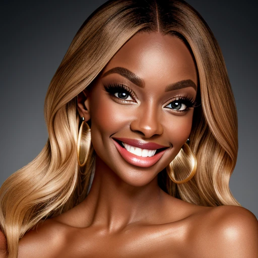 She Smile, Toffee color skin, beautiful toffee mixed woman with long blond curly and extremely detailled clear yellow eyes, extremely face detailed, she wears beautiful she does a magnificent photo shoot ,she has a beautiful top made of white pearl, top made of pearls, she is beautiful, Chocolate brown background, She wears beautiful pearls in her hair