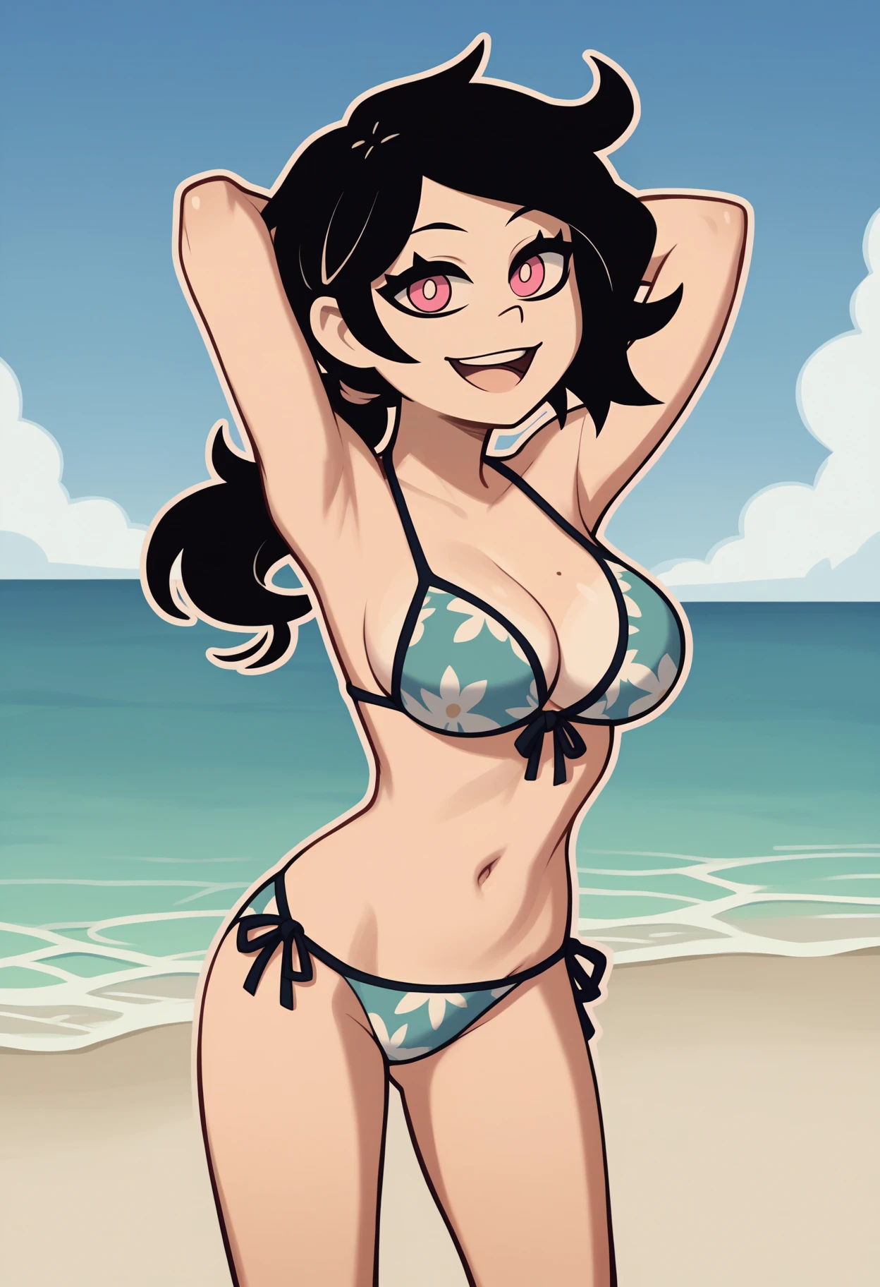 score_9, score_8_up, score_7_up, outline, BREAK
1girl, ashleygr, black hair, ponytail, pink eyes,
bikini, large breasts, hands behind head,
open mouth, smile, happy, solo, looking at viewer, sea, sand, blue sky, tropical island background <lora:AshleyXL_byKonan:1>