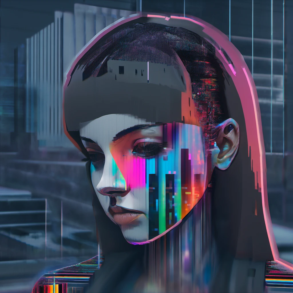 initial visuals initialvisuals 3d concept art: female portrait brutalism, contrasts 11:11, bokeh depth of field chromatic aberration, glitch effect