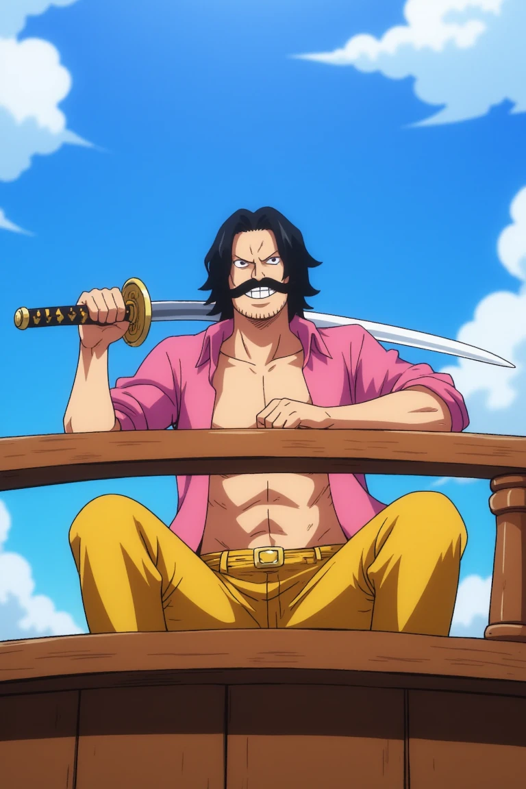 from below, an anime male in anime screencap style, RogerOP has black hair, facial hair, mustache, and black eyes, smiling, holding a sword over his shoulder, he is wearing an open pink shirt and yellow pants, he is squatting on the railing of a wooden ship deck