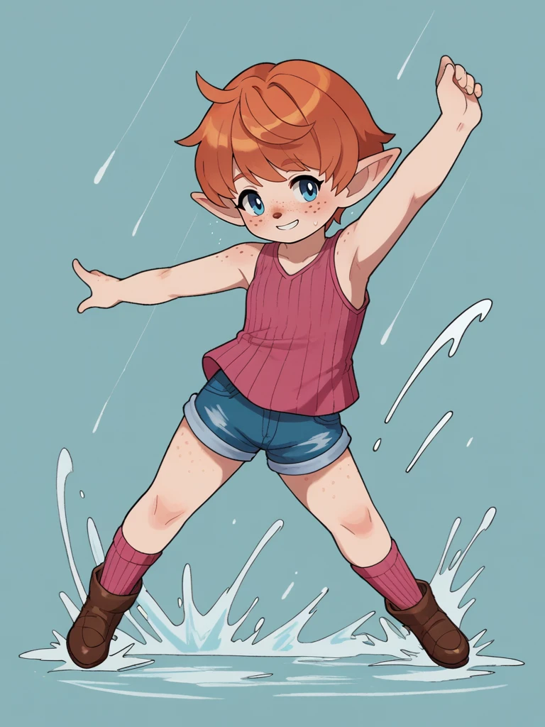 score_9, score_8_up, score_7_up, score_6_up, 1girl, solo, flat color, 
<lora:NicoNeko_v2:0.8> ncnk, silk, pink sleeveless shirt, ribbed lowleg shorts, red kneehighs, flats, dancing in the rain, splashing puddles playfully, <lora:PopipiDT_v1-20:0.6> popipi, lalafell, pointy ears, orange hair, freckles, short hair, blue eyes, brown nose