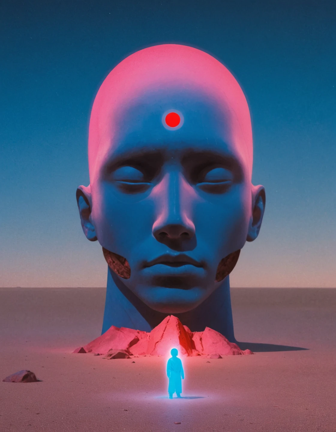 vmos, tiny glowing person standing on a vast blue plane before a a glowing orange pink top half of head sticking out of the ground glowing around the edges eyes closed with a red third eye, behind it above it is a blue pink stone face with parts of its neck opening like doors, eyes closed, red circle with pink glow hovering above head, grainy, 