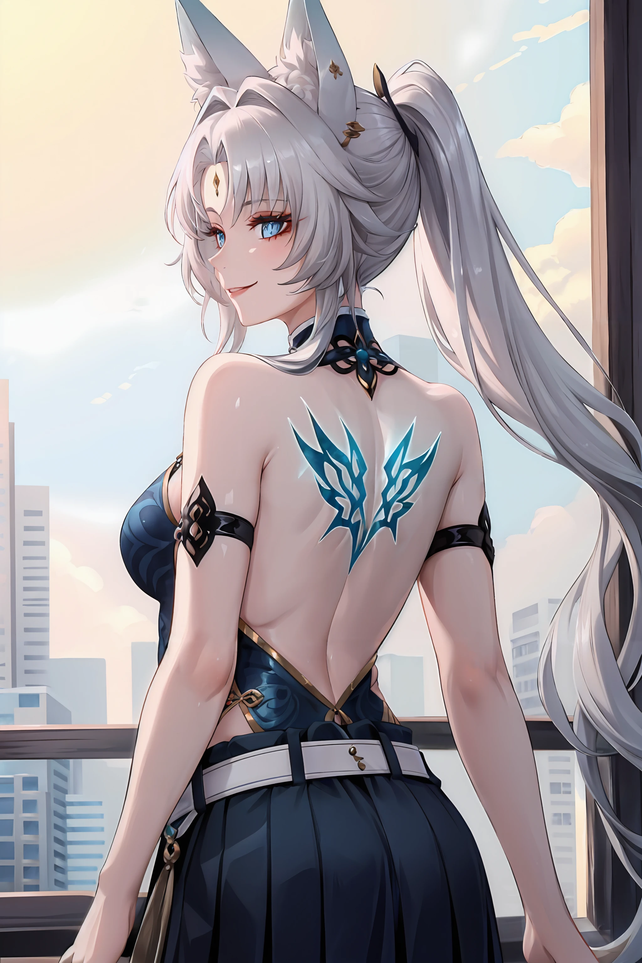 ((masterpiece,best quality)), 1girl, feixiao, bare shoulders, arm strap, half-skirt, back tattoo, smile, closed mouth, from behind, looking back