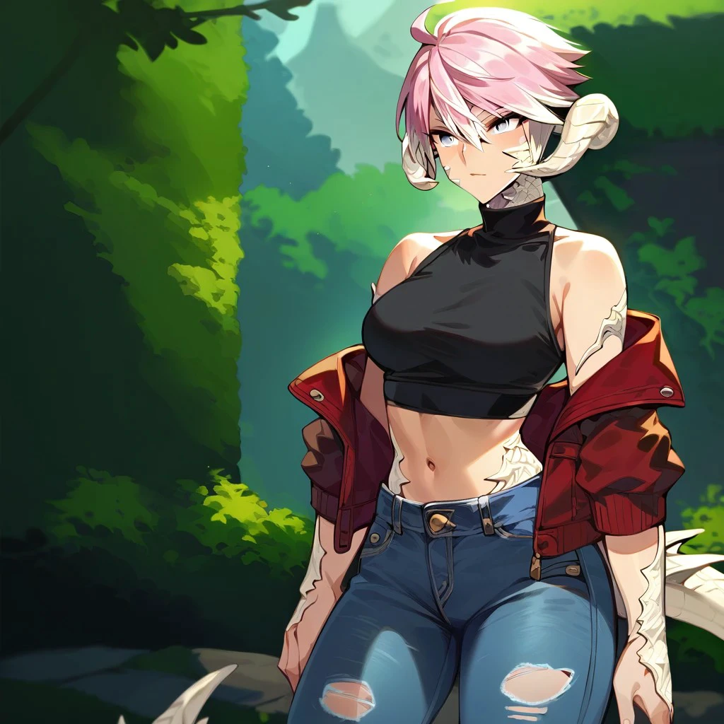 score_9, score_8_up, score_7_up, 1girl, solo, Au Ra, dragon girl, grey eyes, short hair, pink hair, light skin, large perky breasts, toned, horns, white scales, spiked tail, white highlights, black crop top, sleeveless turtleneck, red cropped jacket, bare shoulders, ripped jeans, lowleg, lowleg jeans, groin, pelvic lines, standing, solo focus, casual pose