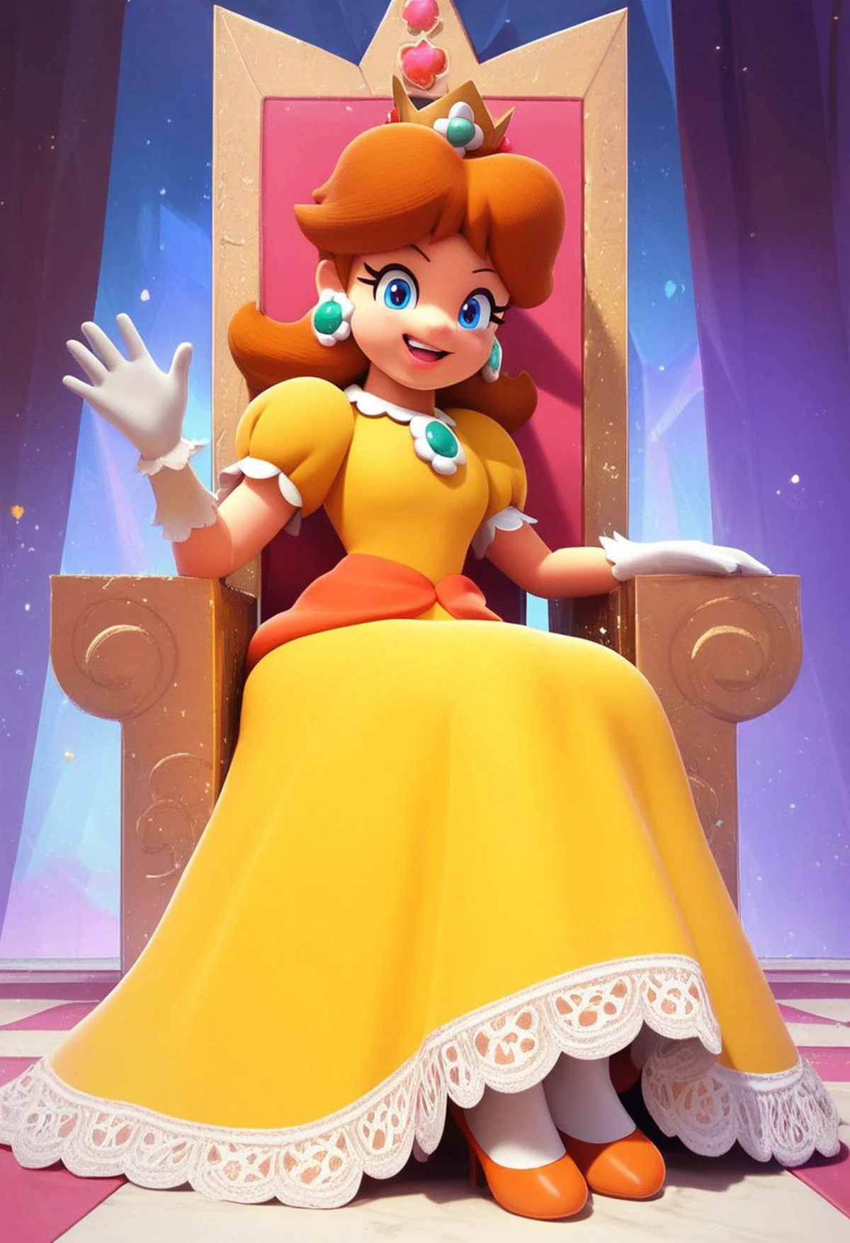 Score_9, score_8_up, score_7_up, Pr1nc3ssD41sy, Yellow Dress, Sitting on throne, waving at viewer,