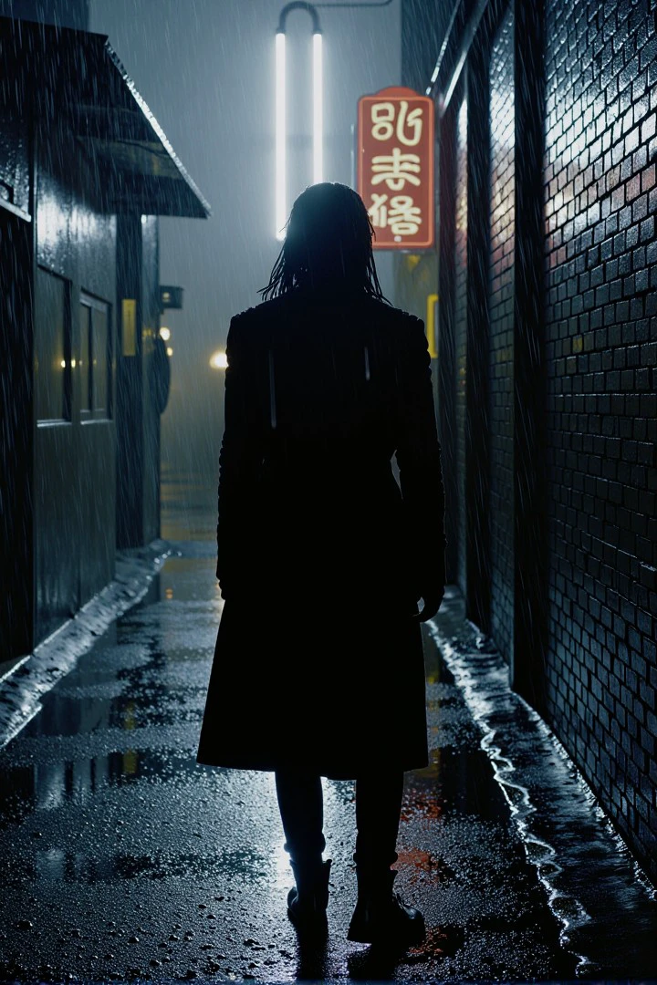 mtrixs style, cinematic, realistic, <lora:flux_02_matrix_mtrixs_style:1>
A character in a rain-soaked alley: Rain falls heavily, creating a shimmering effect as it hits the ground. The figure stands motionless, their coat dripping with water, illuminated by the faint glow of a neon sign in the distance.