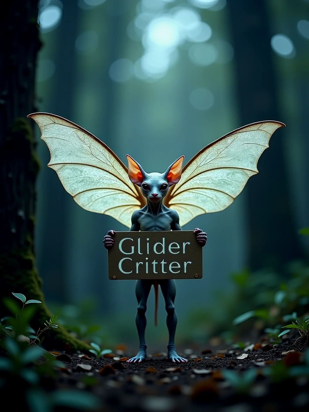 A winged critter, hairless, standing in the moonlight, holding a sign (text: "Glider Critter"). Luminous wings.

gldrcrtrCE style