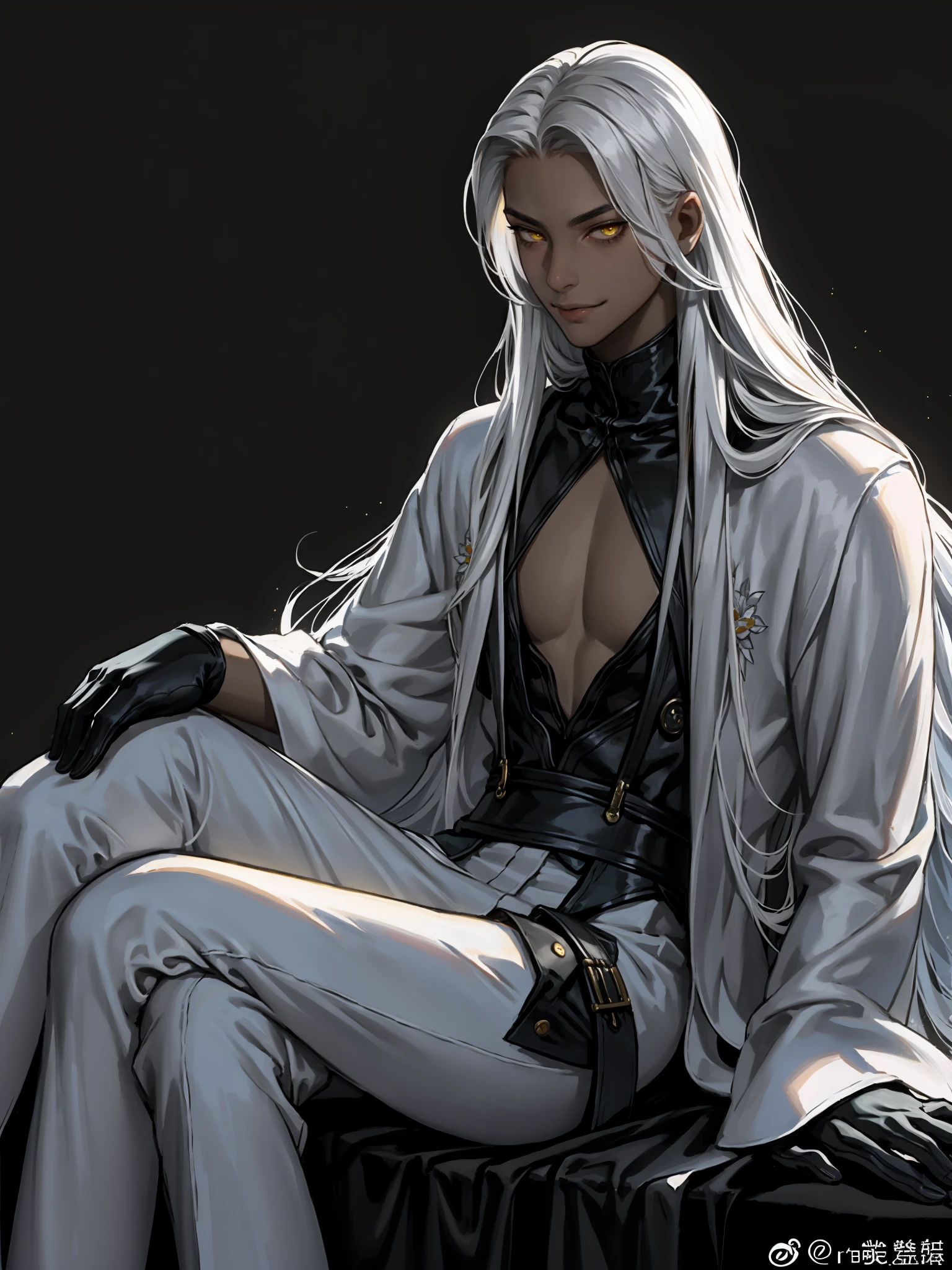 (absurdres, highres, ultra detailed), 1man, 30 years old man, adult man, handsome, tall,, finely detailed eyes and detailed face, leather pants, (((open chest))), (((underbust corset))), night, smile, dutch angle, ((long hair, white hair)), gold details, gothic, vampire, vampire prince, dark, simple clothes, looking at the view, tan skin, detailed eyes, (masculine), sexy, elegant, long bangs, detailed hands, (((gray eyes))), corset, red lock in the bangs, flirt,