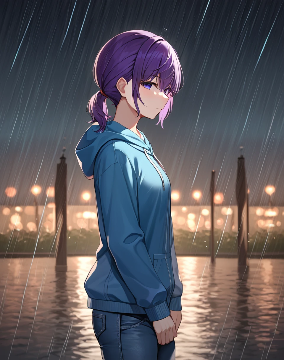 asahina_mafuyu, purple hair, purple eyes, blue eyes, gradient eyes, short hair,   blue hoodie, jeans,  hood down, short ponytail, low ponytail, BREAK outdoors, bridge. night, rain, raining, BREAK looking at viewer,  standing, cowboy shot, neutral face, empty eyes, lifeless face, side view,  BREAK score_9, score_8_up, score_7_up, source_anime ,zPDXL, perfect hand,<lora:Asahina_Mafuyu:0.8>,