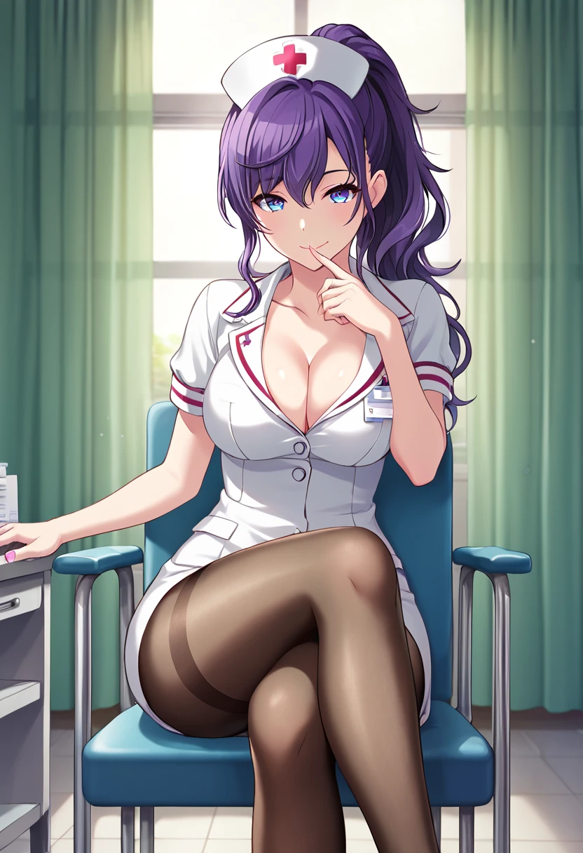 asahina_mafuyu, purple hair, purple eyes, blue eyes, gradient eyes, ponytail, long hair, breasts,  official art, nurse uniform, pantyhose, official art, cleavage
BREAK
indoors, hospital, detailed background
BREAK
cowboy shot,sitted, sit on chair, crossed legs, finger near mouth, sushing, flirty, sexy smile, front view, closed mouth
BREAK
score_9, score_8_up, score_7_up, source_anime ,zPDXL, perfect hand<lora:Asahina_Mafuyu:0.8>,